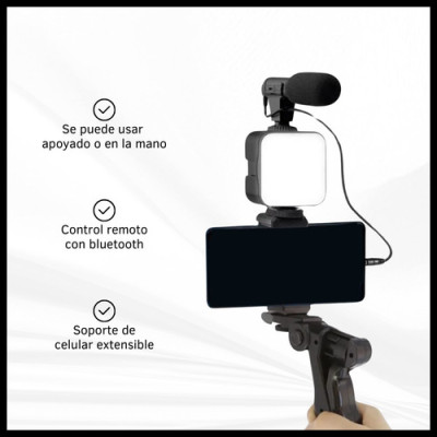 Kit Video Streaming Trípode Para Celular Micrófono Luz Led